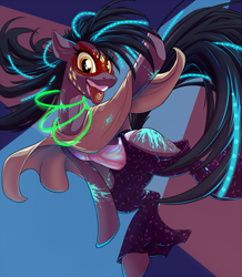 Size: 1595x1833 | Tagged: safe, artist:kalemon, oc, oc:whisper step, species:earth pony, species:pony, g4, clothing, dancing, drugs, face paint, glowstick, paint, poncho, smiling, space horse rpg, tongue out
