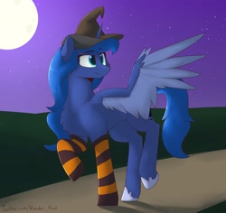 Size: 2673x2526 | Tagged: safe, artist:renderpoint, character:princess luna, species:alicorn, species:pony, g4, chest fluff, clothing, female, full moon, halloween, hat, high res, holiday, hoof shoes, mare, moon, night, socks, solo, striped socks, two toned wings, wings, witch hat