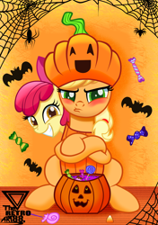 Size: 2000x2833 | Tagged: safe, artist:theretroart88, character:apple bloom, character:applejack, species:earth pony, species:pony, g4, adorabloom, apple sisters, applejack is not amused, blushing, candy, clothing, costume, cute, duo, female, food, halloween, halloween costume, holiday, jackabetes, pumpkin, pumpkin bucket, siblings, sisters, tsundere, tsunjack, unamused