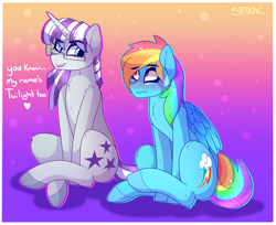 Size: 1794x1461 | Tagged: safe, artist:aaa-its-spook, character:rainbow dash, character:twilight velvet, species:pegasus, species:pony, species:unicorn, g4, blushing, female, flirting, glasses, implied twidash, mare, sitting