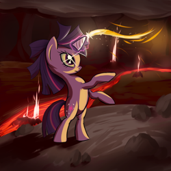 Size: 800x800 | Tagged: safe, artist:fajeh, character:twilight sparkle, character:twilight sparkle (unicorn), species:pony, species:unicorn, g4, cave, female, fire, lava, magic, mare, photoshop, pyromancy, rearing, solo