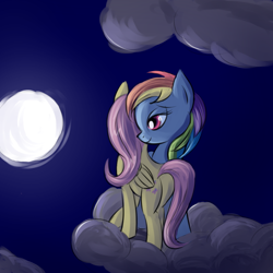 Size: 800x800 | Tagged: safe, artist:fajeh, character:fluttershy, character:rainbow dash, species:pegasus, species:pony, ship:flutterdash, g4, cloud, cloudy, cute, cutie mark, female, full moon, hooves, lesbian, mare, moon, night, night sky, on a cloud, plot, shipping, sky, smiling, standing on a cloud, wings