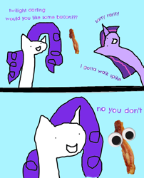 Size: 900x1112 | Tagged: safe, artist:wollap, character:rarity, character:spike, character:twilight sparkle, bacon, comic, googly eyes, implied murder, ms paint