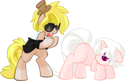 Size: 1850x1200 | Tagged: safe, artist:bigbuxart, oc, oc only, oc:quila, oc:timestep, parent:doctor whooves, parent:unnamed oc, parents:canon x oc, species:earth pony, species:pony, species:unicorn, blank flank, clothing, commission, gangnam style, hat, offspring, plot, simple background, sunglasses, transparent background, younger