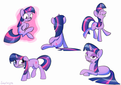 Size: 1145x800 | Tagged: safe, artist:subjectnumber2394, character:twilight sparkle, character:twilight sparkle (unicorn), species:pony, species:unicorn, aura, bedroom eyes, collage, cutie mark, female, glowing horn, guilt, guilty, leaning, levitation, looking away, lying down, magic, mouth hold, on side, pencil, prancing, self-levitation, simple background, sitting, smiling, sneaking, solo, telekinesis, turned away, white background, worried