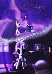 Size: 2480x3508 | Tagged: safe, artist:zolombo, character:princess luna, character:sweetie belle, species:alicorn, species:pony, species:unicorn, sweetie bot, dream walker luna, female, filly, foal, hooves, horn, hug, mare, night, robot, robot pony, solo, winghug, wings