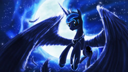 Size: 3840x2160 | Tagged: safe, artist:zolombo, character:princess luna, backlighting, female, flying, moon, solo, wings
