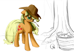 Size: 1000x707 | Tagged: safe, artist:fiddlearts, character:applejack, apple, bucket, female, mouth hold, solo, tree
