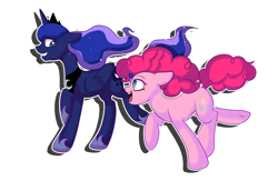 Size: 2600x1700 | Tagged: safe, artist:pastelflakes, character:pinkie pie, character:princess luna, eye contact, floppy ears, grin, open mouth, running, simple background, smiling, transparent background, underhoof