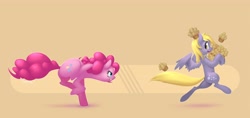 Size: 4000x1884 | Tagged: safe, artist:eosphorite, character:derpy hooves, character:pinkie pie, species:pony, behaving like a dog, bipedal, chase, clothing, food, hat, muffin, running