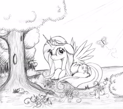 Size: 2603x2303 | Tagged: safe, artist:vulpessentia, character:fluttershy, species:alicorn, species:pony, alicornified, butterfly, fluttercorn, lineart, princess, race swap, traditional art