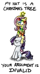 Size: 333x605 | Tagged: safe, artist:zicygomar, character:fluttershy, character:rarity, fluttertree, meme, pony hat, your argument is invalid