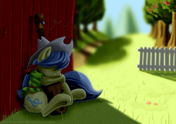 Size: 1000x707 | Tagged: safe, artist:fiddlearts, character:fiddlesticks, apple family member, female, fiddle, sleeping, solo