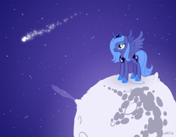Size: 1286x1000 | Tagged: safe, artist:empty-10, character:princess luna, comet, female, mare in the moon, moon, s1 luna, shooting star, solo, space, the little prince