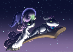 Size: 1000x707 | Tagged: safe, artist:fiddlearts, character:opalescence, character:sweetie belle, broom, clothing, flying, flying broomstick, hat, kiki's delivery service, magic, night, night sky, sitting, smiling, stars, witch hat