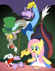 Size: 1000x1286 | Tagged: safe, artist:empty-10, character:angel bunny, character:discord, character:fluttershy, alice in wonderland, cake, cheesecake, clothing, cup, dress, food, hilarious in hindsight, mad hatter, tea, teacup, teapot, white rabbit