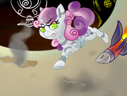 Size: 700x525 | Tagged: safe, artist:cotton, character:sweetie belle, species:pony, species:unicorn, sweetie bot, female, filly, foal, hooves, horn, robot, robot pony, rocket, solo, tongue out