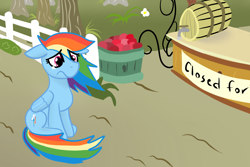 Size: 1500x1000 | Tagged: safe, artist:sirpayne, character:rainbow dash, species:pegasus, species:pony, g4, barrel, cider, cider dash, crying, female, floppy ears, mare, sad, sitting, solo