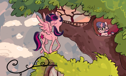Size: 1124x675 | Tagged: safe, artist:cygaj, character:twilight sparkle, character:twilight sparkle (alicorn), species:alicorn, species:pony, species:unicorn, ear fluff, eyes closed, female, glasses, golden oaks library, library, mare, spread wings, tree, treehouse, unshorn fetlocks, wings