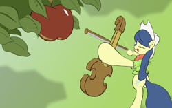 Size: 1280x804 | Tagged: safe, artist:fiddlearts, character:fiddlesticks, apple, apple family member, archery, bow (instrument), fiddle, fiddlesticks-answers, tree