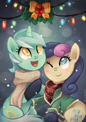 Size: 350x496 | Tagged: safe, artist:tsurime, character:bon bon, character:lyra heartstrings, character:sweetie drops, species:earth pony, species:pony, species:unicorn, ship:lyrabon, adorabon, blushing, christmas lights, clothing, cute, female, happy, holly, holly mistaken for mistletoe, lesbian, looking up, lyrabetes, nuzzling, one eye closed, open mouth, scarf, shipping, sitting, smiling, snow, snowfall, wink