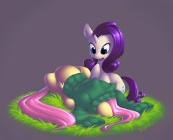 Size: 1744x1414 | Tagged: safe, artist:eosphorite, character:fluttershy, character:rarity, clothing, dirt cube, dressing, grass, hiding, sweater, sweatershy, wardrobe malfunction