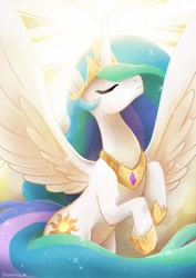 Size: 526x744 | Tagged: safe, artist:tsurime, character:princess celestia, eyes closed, female, majestic, solo, spread wings, wings
