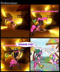 Size: 1000x1198 | Tagged: safe, artist:subjectnumber2394, character:gummy, character:pinkie pie, character:twilight sparkle, alternate character interpretation, bipedal, comic, conversation, crossover, dialogue, fire, flamethrower, funny, funny as hell, gas mask, gummy doesn't give a fuck, lmao, lmfao, lol, meet the pyro, paint, paint on fur, partillery, pinkie pyro, pyro, pyropinkie, pyrovision, rainblower, rofl, subversion, team fortress 2, weapon