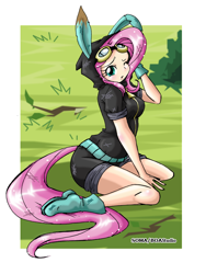 Size: 600x800 | Tagged: safe, artist:boastudio, character:fluttershy, species:human, adorasexy, boots, bunny ears, clothing, cute, dangerous mission outfit, female, gloves, goggles, hoodie, humanized, looking at you, one eye closed, sexy, shoes, solo, tailed humanization