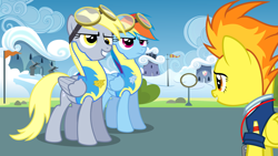 Size: 5760x3240 | Tagged: safe, artist:baumkuchenpony, character:derpy hooves, character:rainbow dash, character:spitfire, species:pegasus, species:pony, episode:wonderbolts academy, clothing, female, goggles, lead pony badge, mare, uniform, wingpony badge, wonderbolt trainee uniform, wonderbolts headquarters, wonderbolts uniform