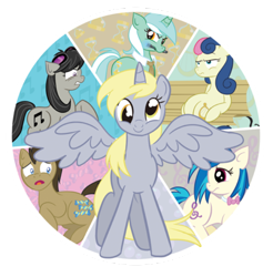 Size: 400x407 | Tagged: safe, artist:xkappax, character:bon bon, character:derpy hooves, character:dj pon-3, character:doctor whooves, character:lyra heartstrings, character:octavia melody, character:sweetie drops, character:time turner, character:vinyl scratch, species:alicorn, species:earth pony, species:pony, species:unicorn, episode:magical mystery cure, g4, my little pony: friendship is magic, accessory swap, background six, bench, bon bon is not amused, derpicorn, epic derpy, female, male, mare, muffin queen, sitting, sonic screwdriver, stallion, swapped cutie marks, what my cutie mark is telling me, xk-class end-of-the-world scenario