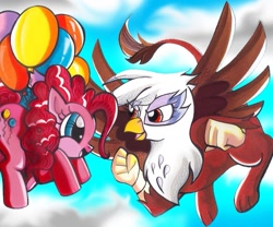 Size: 659x548 | Tagged: dead source, safe, artist:aurora-chiaro, character:gilda, character:pinkie pie, species:earth pony, species:griffon, species:pony, balloon, duo, duo female, female, flying