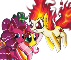 Size: 683x580 | Tagged: dead source, safe, artist:aurora-chiaro, character:fluttershy, character:gummy, character:pinkie pie, character:twilight sparkle, episode:feeling pinkie keen, g4, my little pony: friendship is magic, angry, fire head, mane of fire, rage, rapidash twilight, sad, scene interpretation