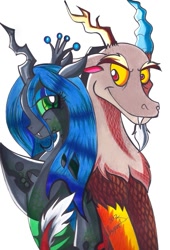 Size: 561x827 | Tagged: safe, artist:aurora-chiaro, character:discord, character:queen chrysalis, species:changeling, ship:discolis, changeling queen, female, male, shipping, simple background, straight, traditional art