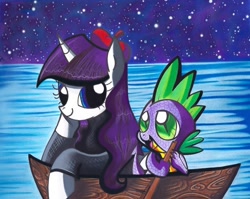 Size: 618x491 | Tagged: safe, artist:aurora-chiaro, character:rarity, character:spike, ship:sparity, beatnik rarity, beret, boat, clothing, female, hat, interspecies, male, shipping, straight