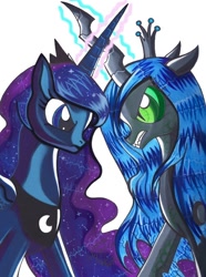 Size: 502x674 | Tagged: safe, artist:aurora-chiaro, character:princess luna, character:queen chrysalis, species:changeling, species:pony, changeling queen, duo, female, looking at each other, mare