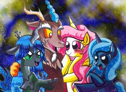 Size: 721x527 | Tagged: safe, artist:aurora-chiaro, character:discord, character:princess celestia, character:princess luna, character:queen chrysalis, species:changeling, changeling queen, female
