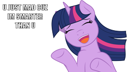 Size: 7000x4000 | Tagged: safe, artist:mamandil, character:twilight sparkle, eyes closed, grammer for derps, irony, laughing, meme, open mouth, simple background, smiling, text, transparent background, trollface, trollight sparkle, u mad, vector
