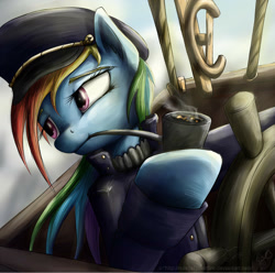 Size: 1283x1272 | Tagged: safe, artist:rule1of1coldfire, character:rainbow dash, species:pegasus, species:pony, airship, clothing, coat, female, hat, hoof hold, mare, officer's hat, pipe, rainbow dash always dresses in style, smiling, smoking, solo, sweater, turtleneck, uniform