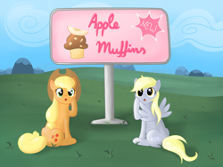 Size: 1000x750 | Tagged: safe, artist:marikaefer, character:applejack, character:derpy hooves, species:pegasus, species:pony, apple muffin, female, mare, sign