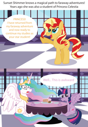 Size: 2503x3568 | Tagged: safe, artist:t-3000, character:princess celestia, character:sunset shimmer, character:twilight sparkle, character:twilight sparkle (alicorn), species:alicorn, species:pony, species:unicorn, cake, comic, dialogue, hilarious in hindsight