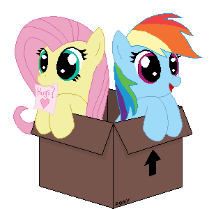 Size: 300x300 | Tagged: safe, artist:tomdantherock, character:fluttershy, character:rainbow dash, species:pegasus, species:pony, animated, box, cardboard box, cute, dashabetes, ear twitch, eye shimmer, female, grin, heart, mare, mouth hold, note, open mouth, paper, pony in a box, shyabetes, simple background, smiling