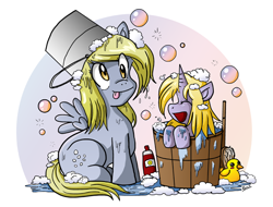 Size: 576x437 | Tagged: safe, artist:xkappax, character:derpy hooves, character:dinky hooves, species:pegasus, species:pony, bath, equestria's best mother, female, mare