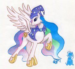 Size: 913x849 | Tagged: safe, artist:alipes, character:princess celestia, character:trixie, species:alicorn, species:pony, accessory swap, cape, clothing, crying, damage, hat, sad, the great and powerful, traditional art, wizard hat