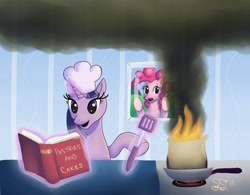Size: 1144x893 | Tagged: safe, artist:alipes, character:pinkie pie, character:twilight sparkle, book, cooking, fire
