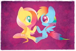 Size: 1098x743 | Tagged: safe, artist:disfiguredstick, character:fluttershy, character:rainbow dash, species:pegasus, species:pony, duo, female, friendshipping, looking at each other, mare, pattycakes, sitting, smiling, starry eyes, wingding eyes