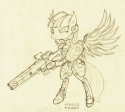Size: 2724x2436 | Tagged: safe, artist:great-5, character:twilight sparkle, character:twilight sparkle (alicorn), species:alicorn, species:pony, bipedal, crossover, female, fire warrior, frown, glare, gun, hoof hold, mare, pencil drawing, ponies with guns, pulse rifle, rifle, sketch, spread wings, tau, tau empire, taulight sparkle, traditional art, warhammer (game), warhammer 40k, weapon, wings, wip