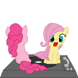 Size: 255x255 | Tagged: safe, artist:tomdantherock, character:fluttershy, character:pinkie pie, species:pony, animated, cute, female, filly, gif, good trick, ponyspin, record player, spin, spinning, turntable pony, weapons-grade cute, you spin me right round