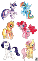 Size: 1408x2248 | Tagged: safe, artist:sharmie, character:applejack, character:fluttershy, character:pinkie pie, character:rainbow dash, character:rarity, character:twilight sparkle, mane six, paint, painting, traditional art, watercolor painting