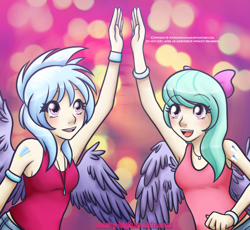 Size: 850x781 | Tagged: safe, artist:marikaefer, artist:yourmomsaname, character:cloudchaser, character:flitter, species:human, clothing, high five, humanized, shirt, winged humanization, wings